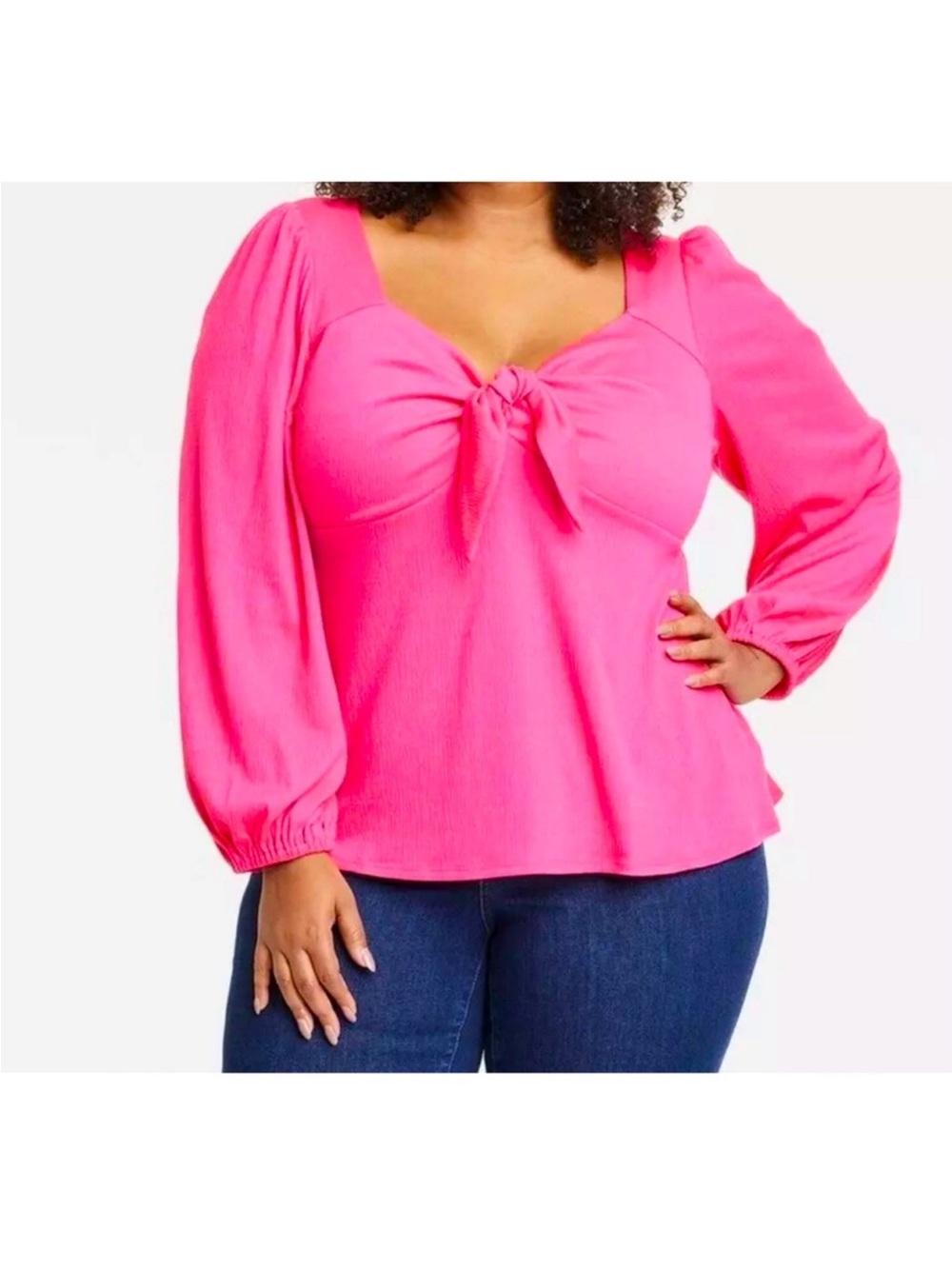 Ava & Viv Hot Pink Tie-Front Puff Sleeve Blouse
